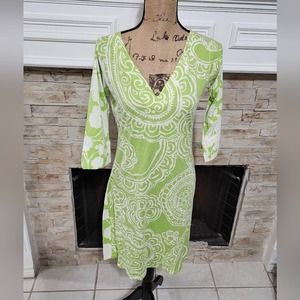 Soft surroundings green and white floral three quarter sleeve mini dress size sm